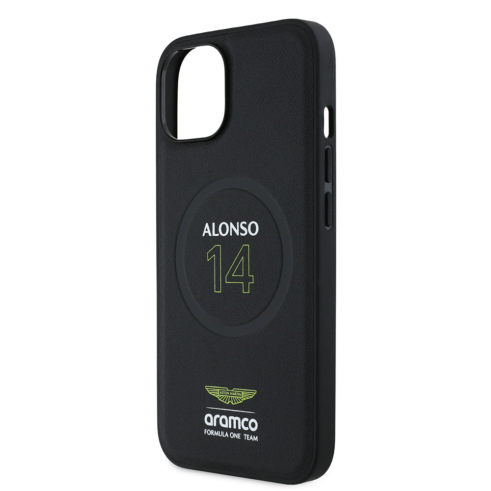 Apple iPhone 14 Kılıf Aston Martin Orjinal Lisanslı M-safe Şarj Özellikli PU Deri Alonso 14 Baskılı Kapak