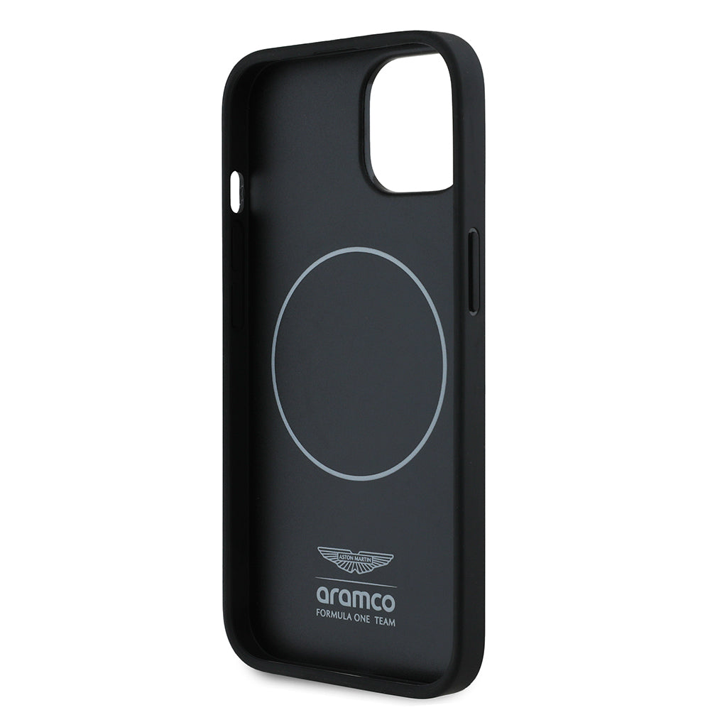 Apple iPhone 14 Kılıf Aston Martin Orjinal Lisanslı M-safe Şarj Özellikli PU Deri Alonso 14 Baskılı Kapak