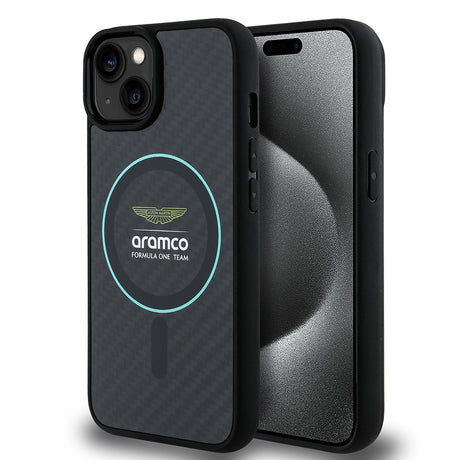 Apple iPhone 14 Kılıf Aston Martin Orjinal Lisanslı M-safe Şarj Özellikli Renkli Halka ve Karbon Fiber Tasarımlı Kapak