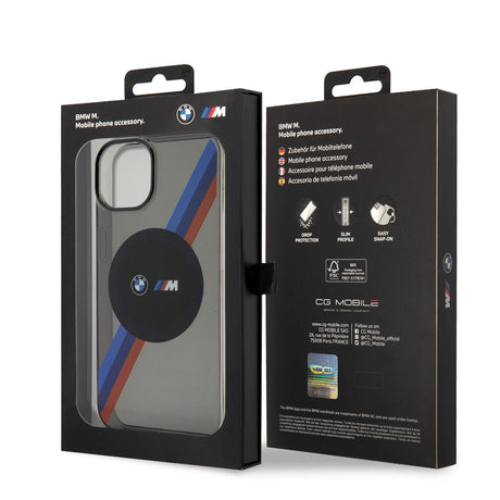 Apple iPhone 14 Kılıf BMW M-safe Şarj Özellikli Transparan 3 Renkli Şerit Dizayn Kapak