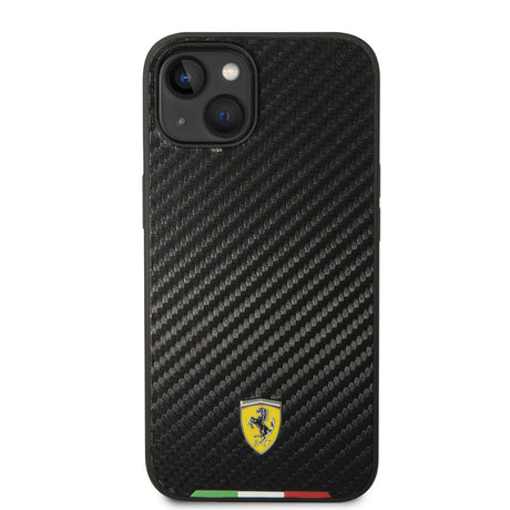 Apple iPhone 14 Kılıf Ferrari M-safe Şarj Özellikli Karbon İtalyan Bayrak Dizayn Kapak