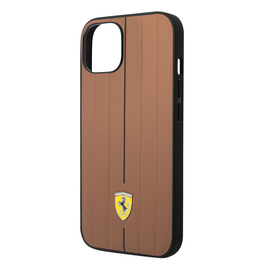 Apple iPhone 14 Kılıf Ferrari Orjinal Lisanslı Deri Arka Yüzey Metal Logolu Şerit Tasarımlı Kapak