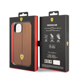 Apple iPhone 14 Kılıf Ferrari Orjinal Lisanslı Deri Arka Yüzey Metal Logolu Şerit Tasarımlı Kapak
