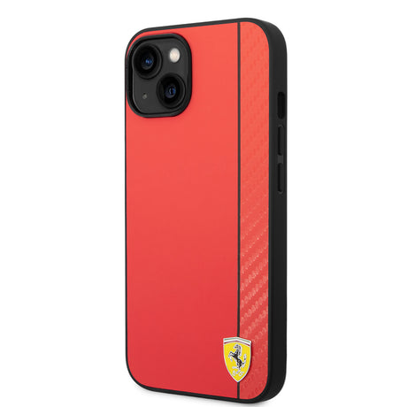 Apple iPhone 14 Kılıf Ferrari Orjinal Lisanslı M-safe Şarj Özellikli Pu Deri Ve Karbon Şeritli Dizayn Kapak