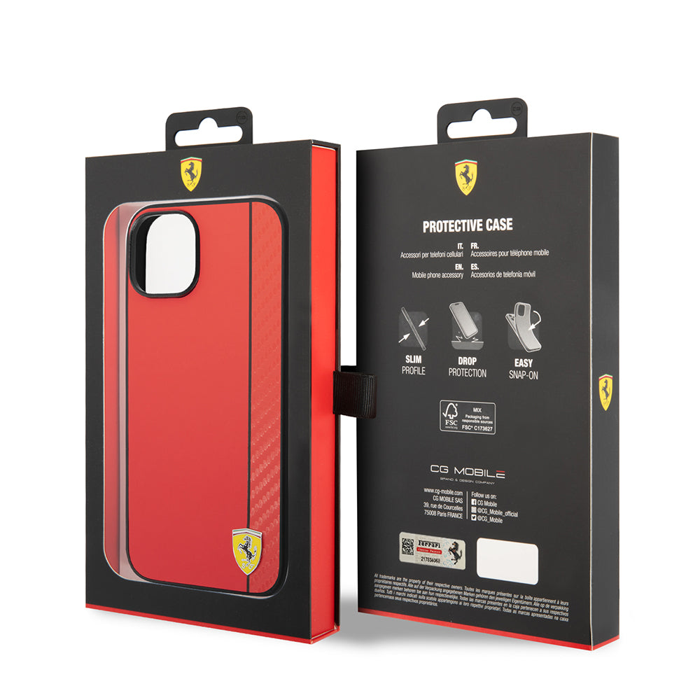 Apple iPhone 14 Kılıf Ferrari Orjinal Lisanslı M-safe Şarj Özellikli Pu Deri Ve Karbon Şeritli Dizayn Kapak