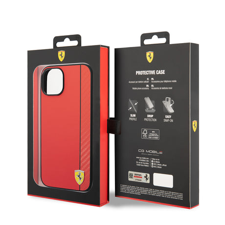 Apple iPhone 14 Kılıf Ferrari Orjinal Lisanslı M-safe Şarj Özellikli Pu Deri Ve Karbon Şeritli Dizayn Kapak