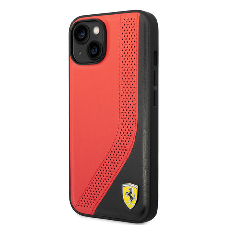 Apple iPhone 14 Kılıf Ferrari Orjinal Lisanslı Metal Logolu Deri Delikli Dikişli Dizayn Kapak