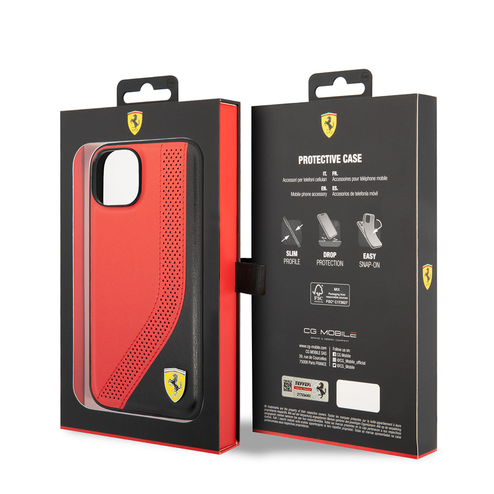 Apple iPhone 14 Kılıf Ferrari Orjinal Lisanslı Metal Logolu Deri Delikli Dikişli Dizayn Kapak