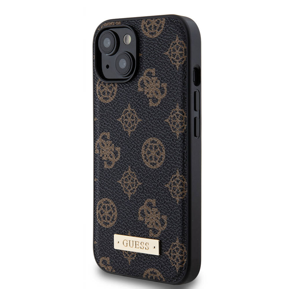 Apple iPhone 14 Kılıf Guess M-safe Şarj Özellikli PU Deri Desenli Metal Plaka Logolu Kapak