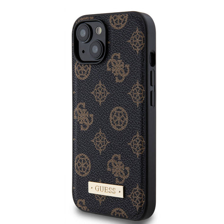 Apple iPhone 14 Kılıf Guess M-safe Şarj Özellikli PU Deri Desenli Metal Plaka Logolu Kapak