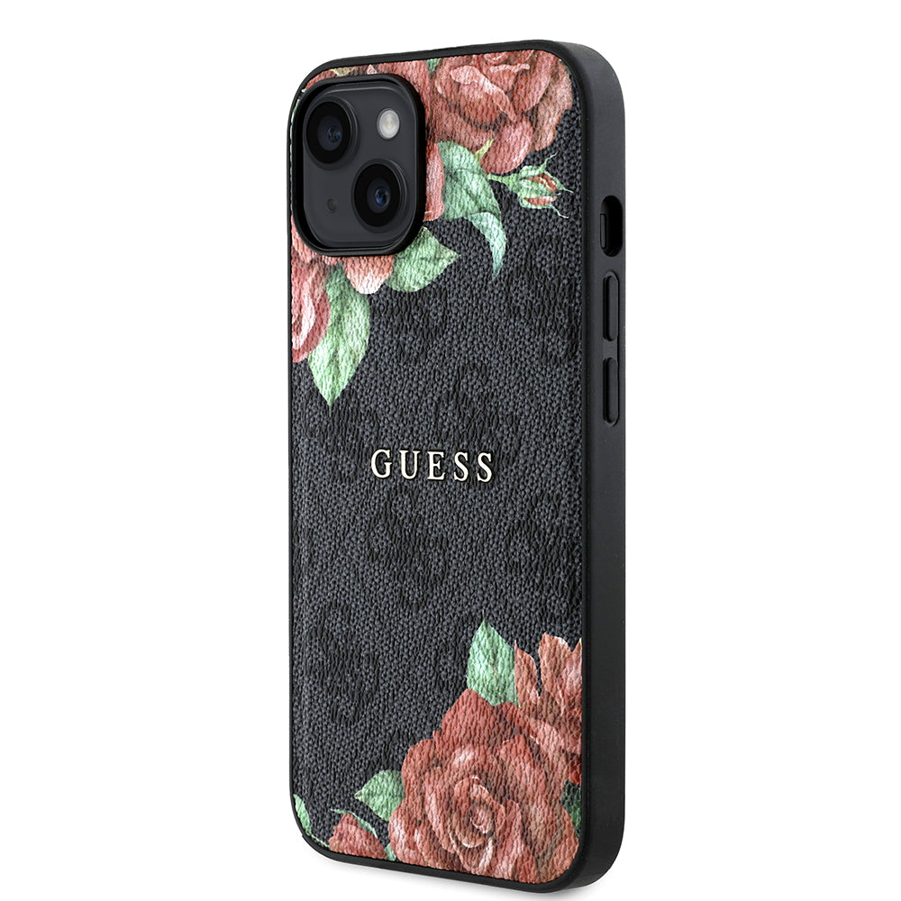 Apple iPhone 14 Kılıf Guess Orjinal Lisanslı M-safe Şarj Özellikli Gül Baskılı 4G Desenli Yazı Logolu Kapak