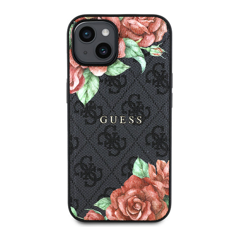 Apple iPhone 14 Kılıf Guess Orjinal Lisanslı M-safe Şarj Özellikli Gül Baskılı 4G Desenli Yazı Logolu Kapak
