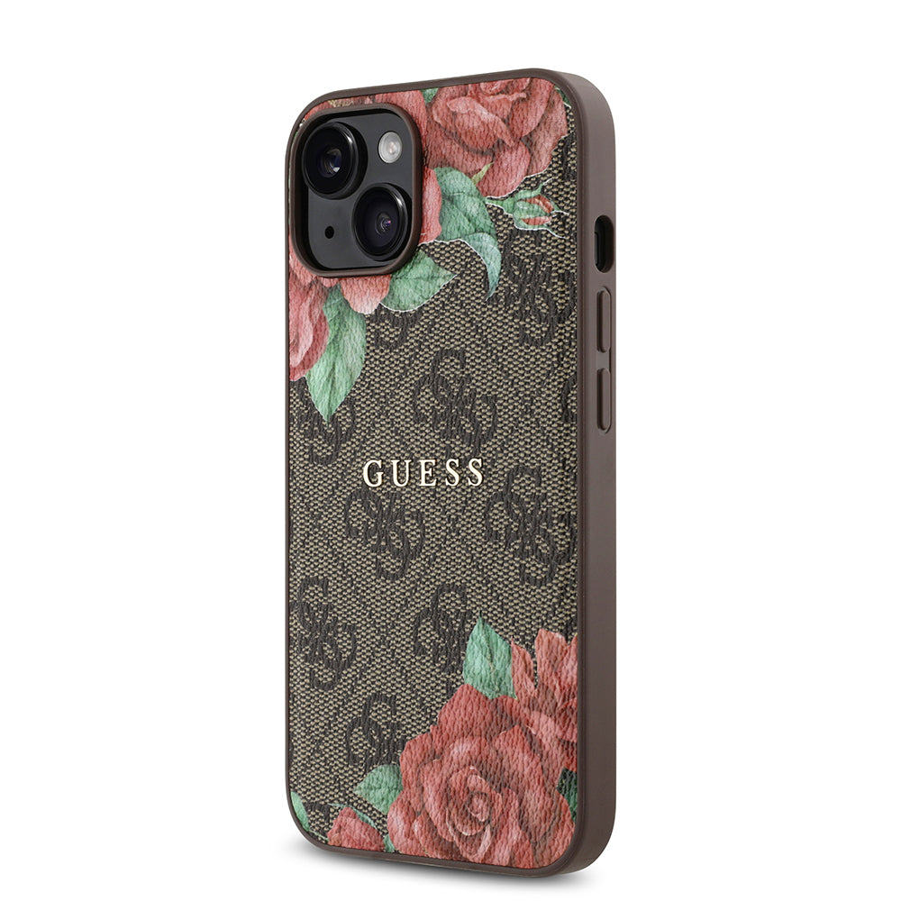 Apple iPhone 14 Kılıf Guess Orjinal Lisanslı M-safe Şarj Özellikli Gül Baskılı 4G Desenli Yazı Logolu Kapak