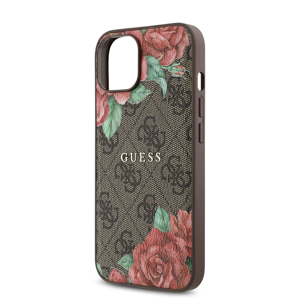 Apple iPhone 14 Kılıf Guess Orjinal Lisanslı M-safe Şarj Özellikli Gül Baskılı 4G Desenli Yazı Logolu Kapak