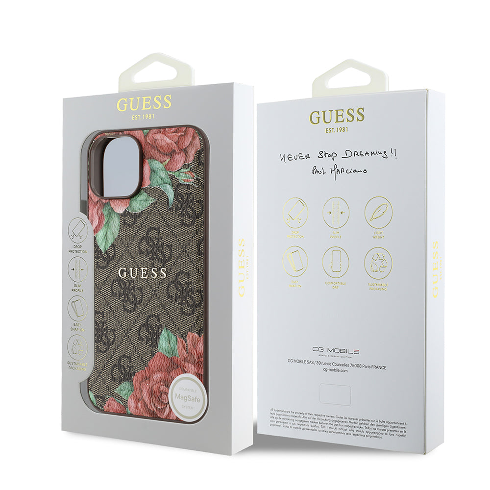 Apple iPhone 14 Kılıf Guess Orjinal Lisanslı M-safe Şarj Özellikli Gül Baskılı 4G Desenli Yazı Logolu Kapak