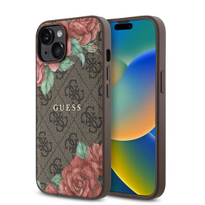 Apple iPhone 14 Kılıf Guess Orjinal Lisanslı M-safe Şarj Özellikli Gül Baskılı 4G Desenli Yazı Logolu Kapak