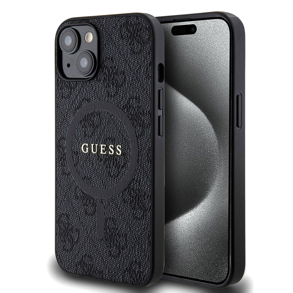 Apple iPhone 14 Kılıf Guess Orjinal Lisanslı M-safe Şarj Özellikli PU Halkalı 4G Desenli Yazı Logolu Kapak