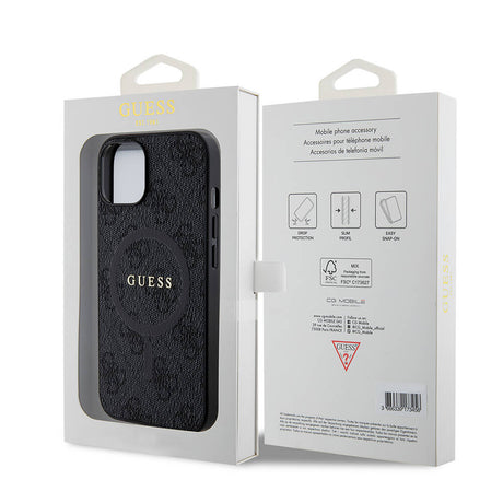 Apple iPhone 14 Kılıf Guess Orjinal Lisanslı M-safe Şarj Özellikli PU Halkalı 4G Desenli Yazı Logolu Kapak