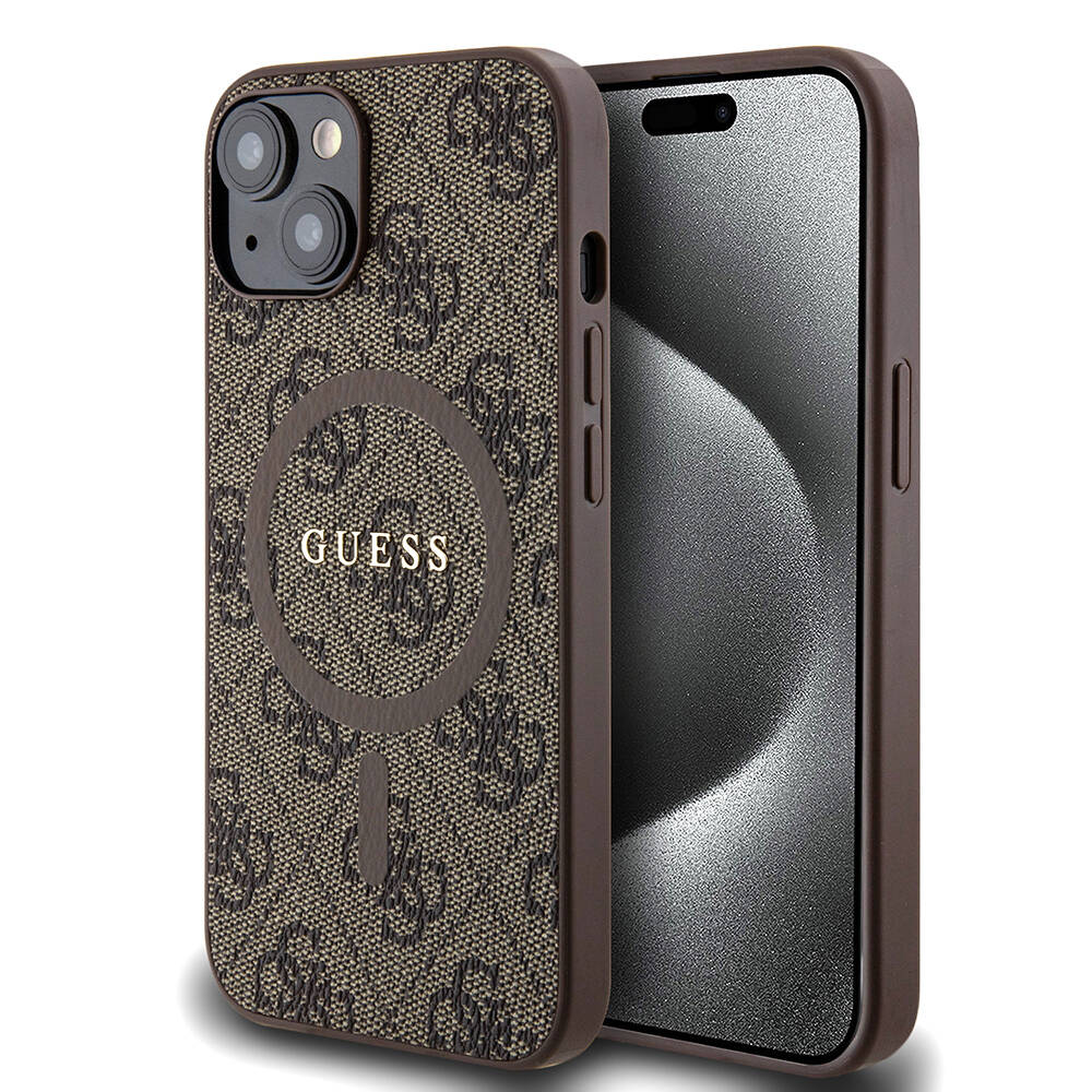 Apple iPhone 14 Kılıf Guess Orjinal Lisanslı M-safe Şarj Özellikli PU Halkalı 4G Desenli Yazı Logolu Kapak
