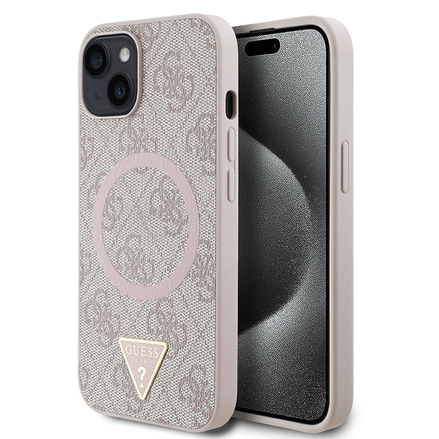 Apple iPhone 14 Kılıf Guess Orjinal Lisanslı M-safe Şarj Özellikli PU Üçgen Logo 4G Desenli Kapak