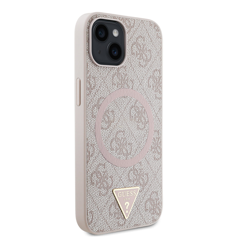 Apple iPhone 14 Kılıf Guess Orjinal Lisanslı M-safe Şarj Özellikli PU Üçgen Logo 4G Desenli Kapak