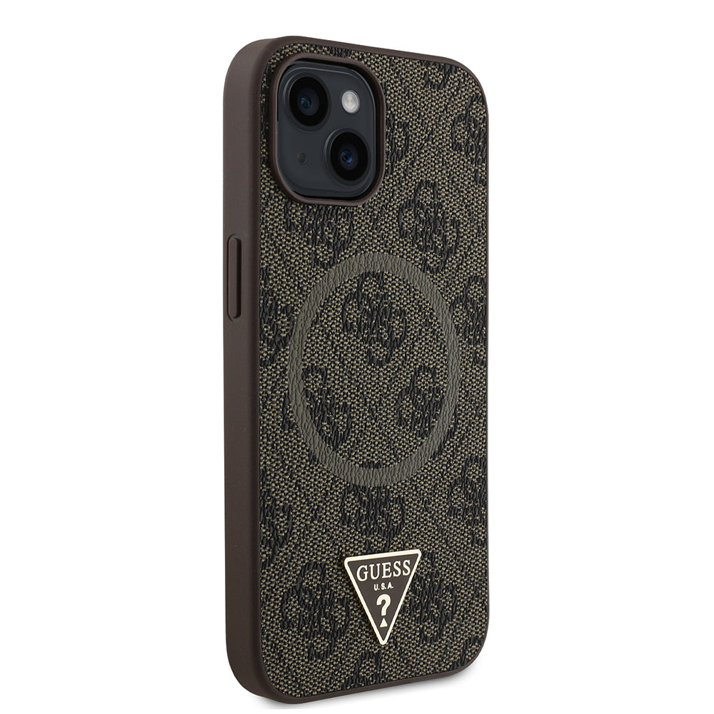 Apple iPhone 14 Kılıf Guess Orjinal Lisanslı M-safe Şarj Özellikli PU Üçgen Logo 4G Desenli Kapak