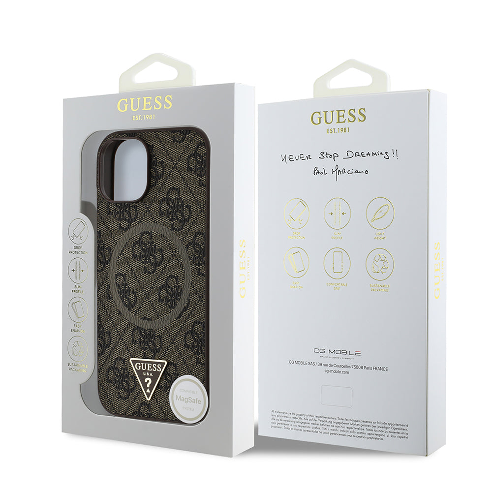 Apple iPhone 14 Kılıf Guess Orjinal Lisanslı M-safe Şarj Özellikli PU Üçgen Logo 4G Desenli Kapak