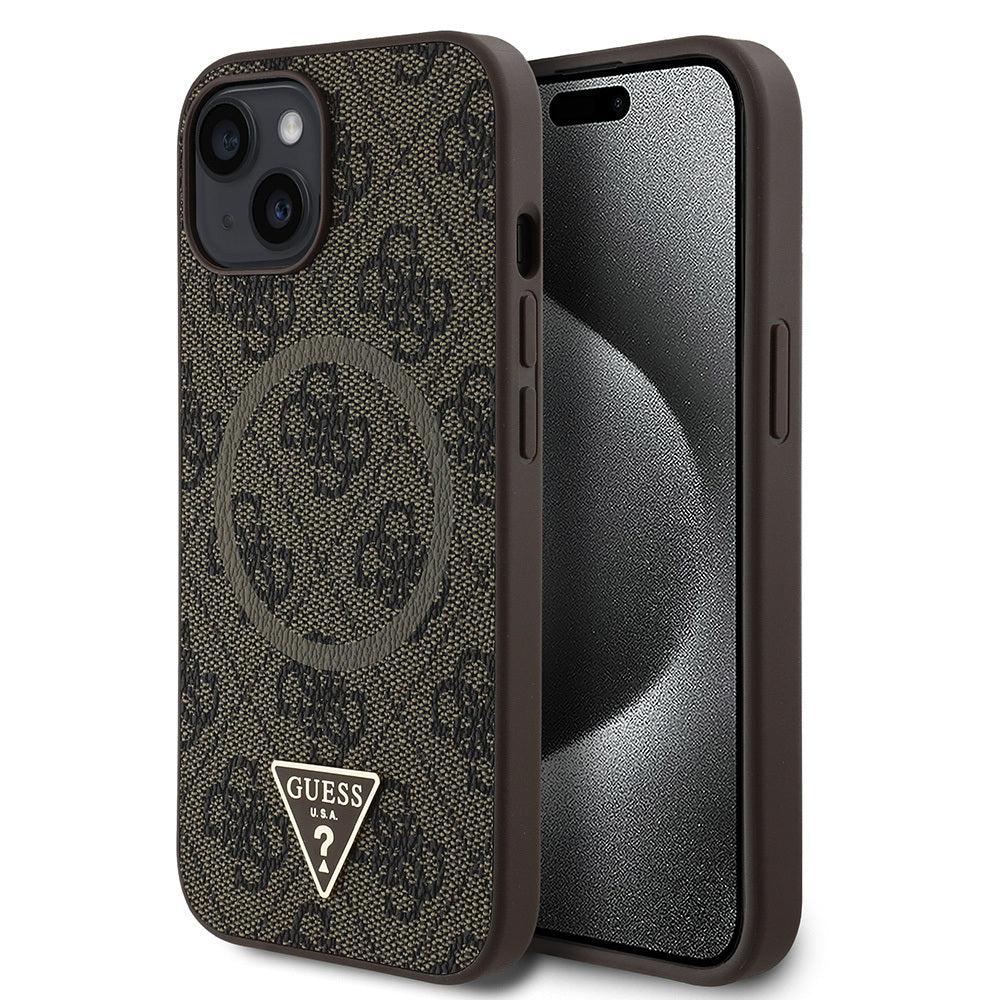 Apple iPhone 14 Kılıf Guess Orjinal Lisanslı M-safe Şarj Özellikli PU Üçgen Logo 4G Desenli Kapak