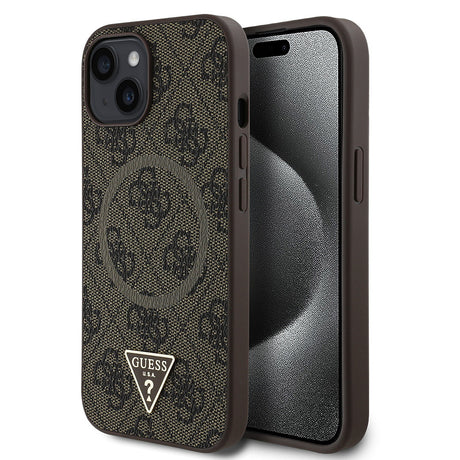 Apple iPhone 14 Kılıf Guess Orjinal Lisanslı M-safe Şarj Özellikli PU Üçgen Logo 4G Desenli Kapak
