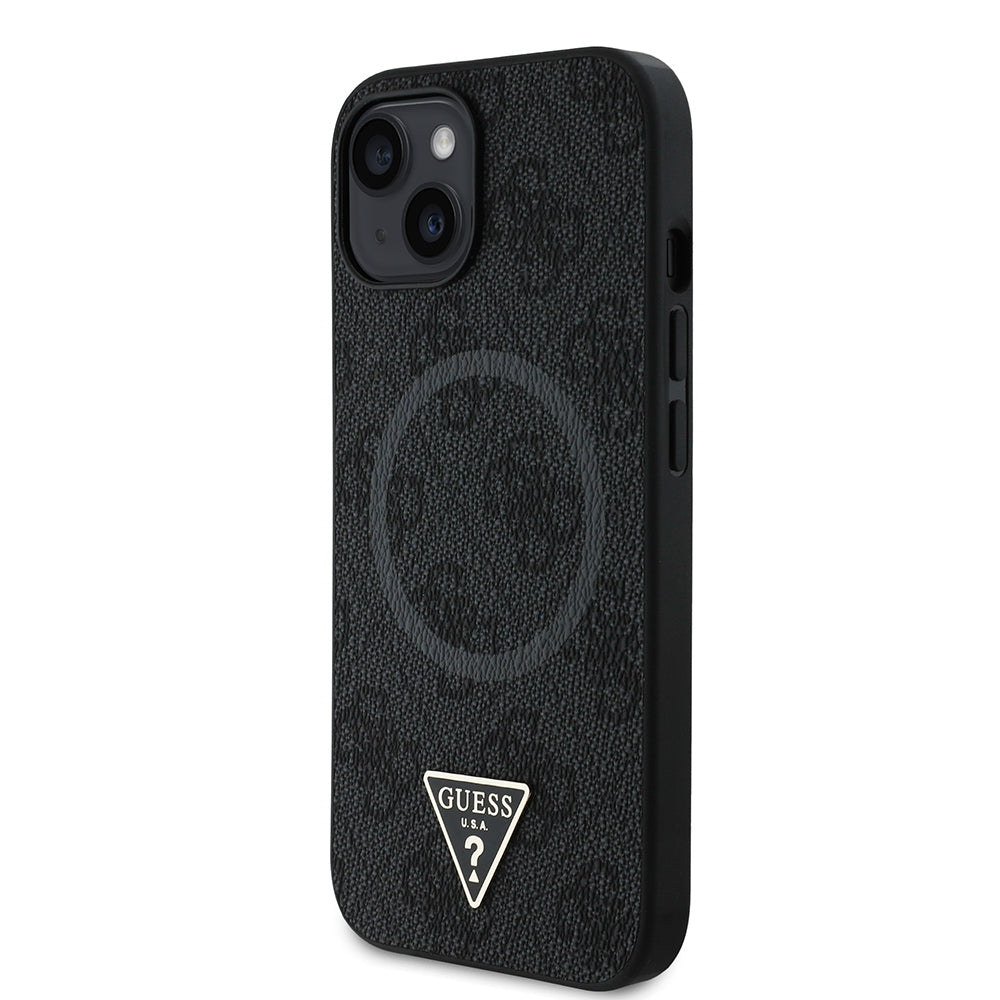Apple iPhone 14 Kılıf Guess Orjinal Lisanslı M-safe Şarj Özellikli PU Üçgen Logo 4G Desenli Kapak