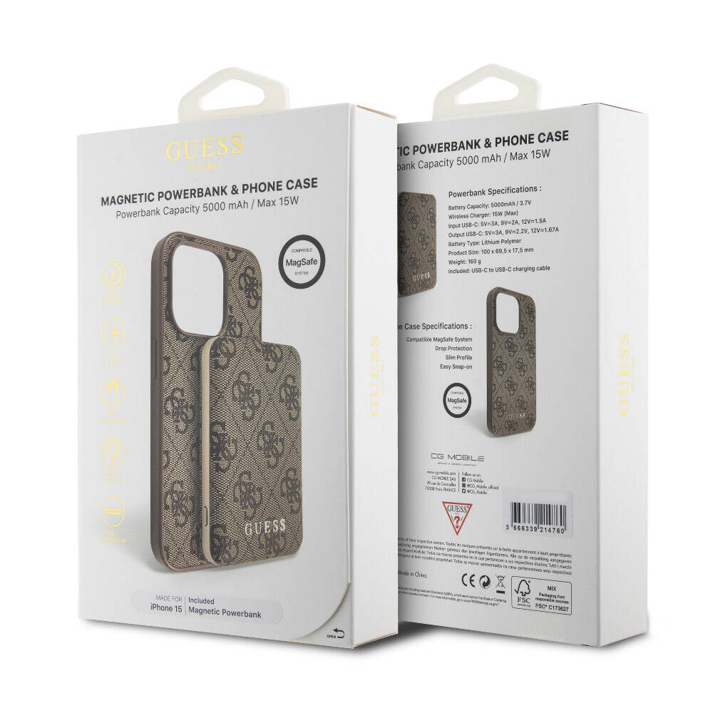 Apple iPhone 14 Kılıf Guess Orjinal Lisanslı M-safe Şarj Özellikli Yazı Logolu 4G Desenli Kapak + Powerbank 5000mAh 2in1 Set