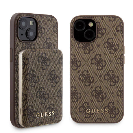 Apple iPhone 14 Kılıf Guess Orjinal Lisanslı M-safe Şarj Özellikli Yazı Logolu 4G Desenli Kapak + Powerbank 5000mAh 2in1 Set