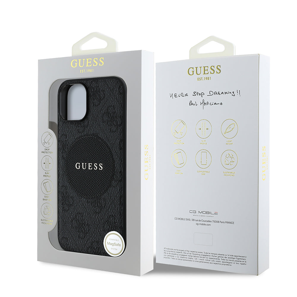 Apple iPhone 14 Kılıf Guess Orjinal Lisanslı M-safe Şarj Özellikli Yazı Logolu Circle Classic Kapak
