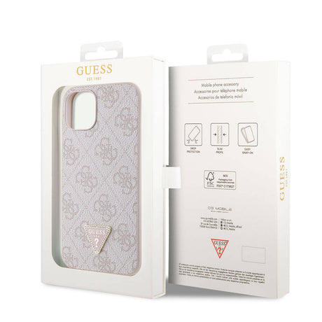 Apple iPhone 14 Kılıf Guess Orjinal Lisanslı PU Deri Taşlı Üçgen Logo 4G Desenli Kapak