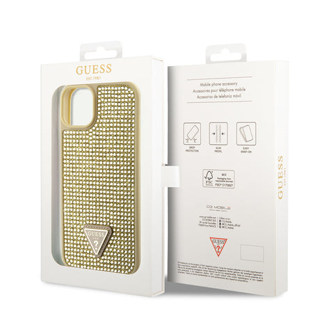 Apple iPhone 14 Kılıf Guess Orjinal Lisanslı Taşlı Arka Yüzey Üçgen Logolu Kapak