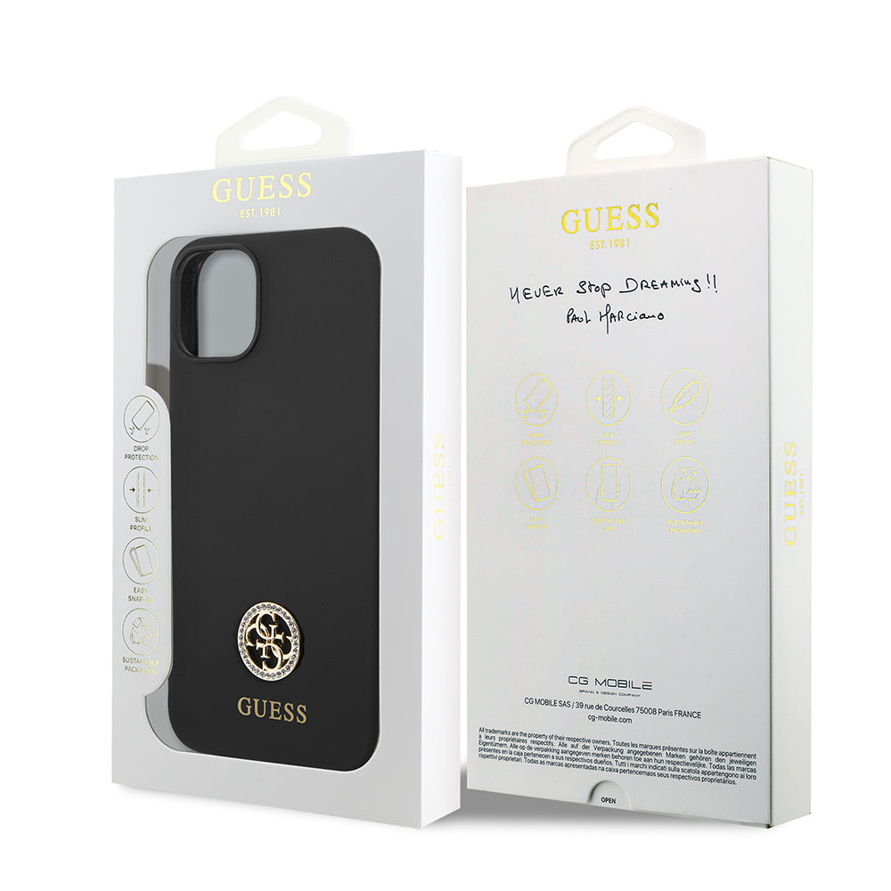 Apple iPhone 14 Kılıf Guess Orjinal Lisanslı Yazı ve Taşlı 4G Logolu Silikon Kapak