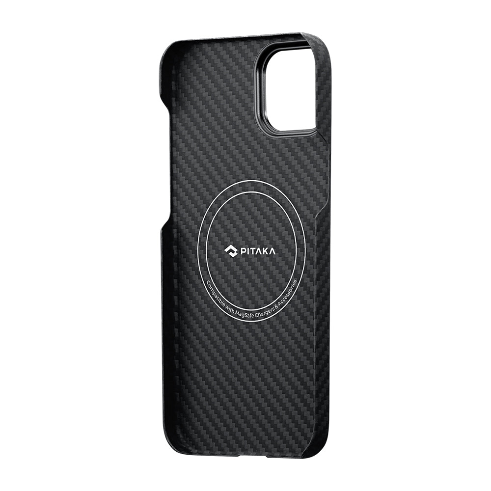 Apple iPhone 14 Kılıf M-safe Şarj Özellikli 1500D Aramid Fiber Pitaka Ultra-Slim Classic Serisi Black-Grey Twill Kapak