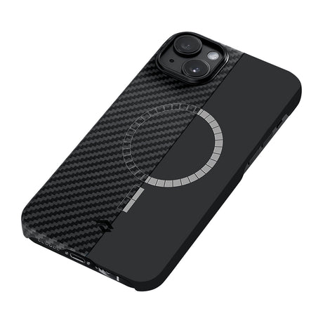 Apple iPhone 14 Kılıf M-safe Şarj Özellikli 1500D Aramid Fiber Pitaka Ultra-Slim Classic Serisi Black-Grey Twill Kapak