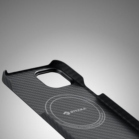 Apple iPhone 14 Kılıf M-safe Şarj Özellikli 1500D Aramid Fiber Pitaka Ultra-Slim Classic Serisi Black-Grey Twill Kapak