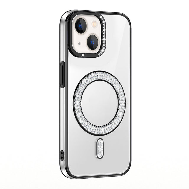 Apple iPhone 14 Kılıf Pırlanta Taş Tasarımlı M-safe Şarj Özellikli Zore Karetta Silikon Kapak