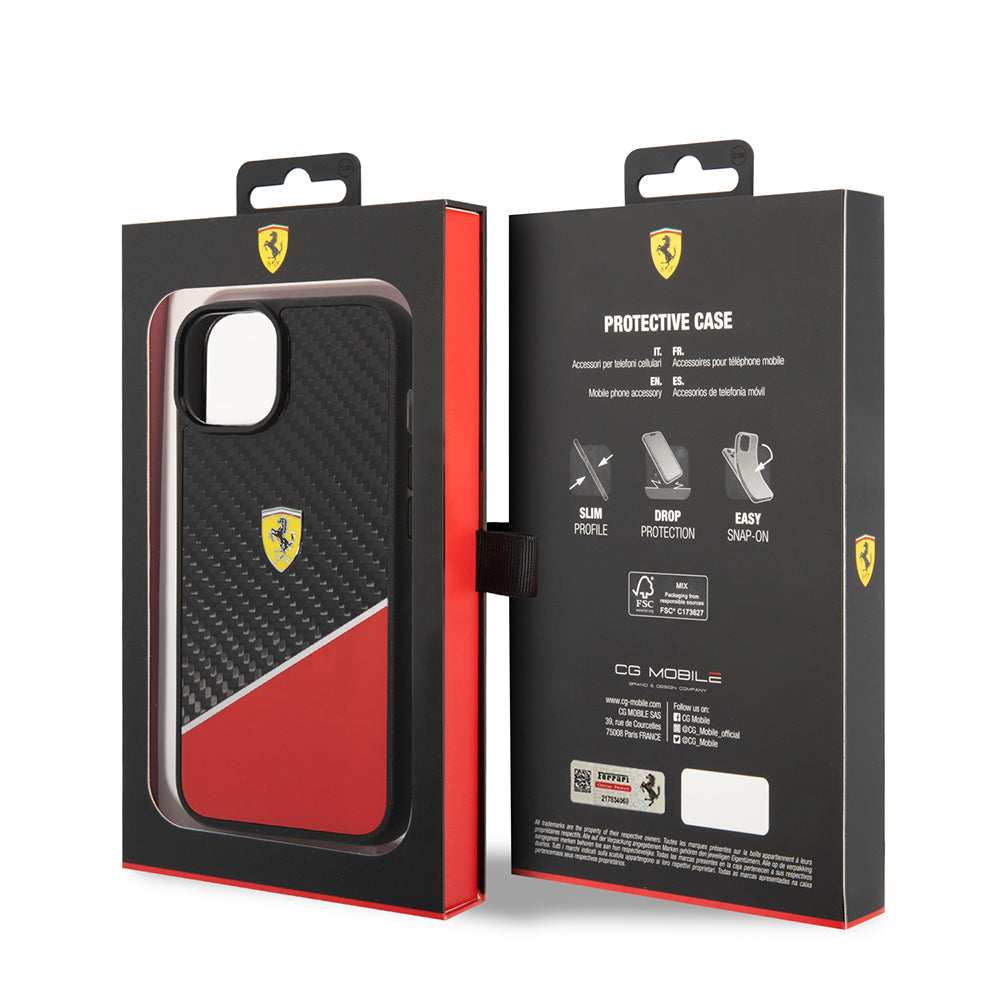Apple iPhone 14 Plus Kılıf Ferrari Orjinal Lisanlı Klasik Metal Logolu Karbon Şerit Desenli Kapak