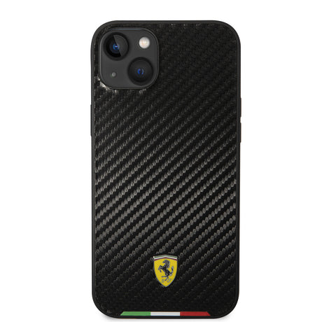 Apple iPhone 14 Plus Kılıf Ferrari Orjinal Lisanslı M-safe Şarj Özellikli Karbon İtalyan Bayrak Dizayn Kapak