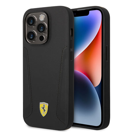 Apple iPhone 14 Pro Kılıf Ferrari M-safe Şarj Özellikli Deri Kenarları Damgalı Dizayn Kapak
