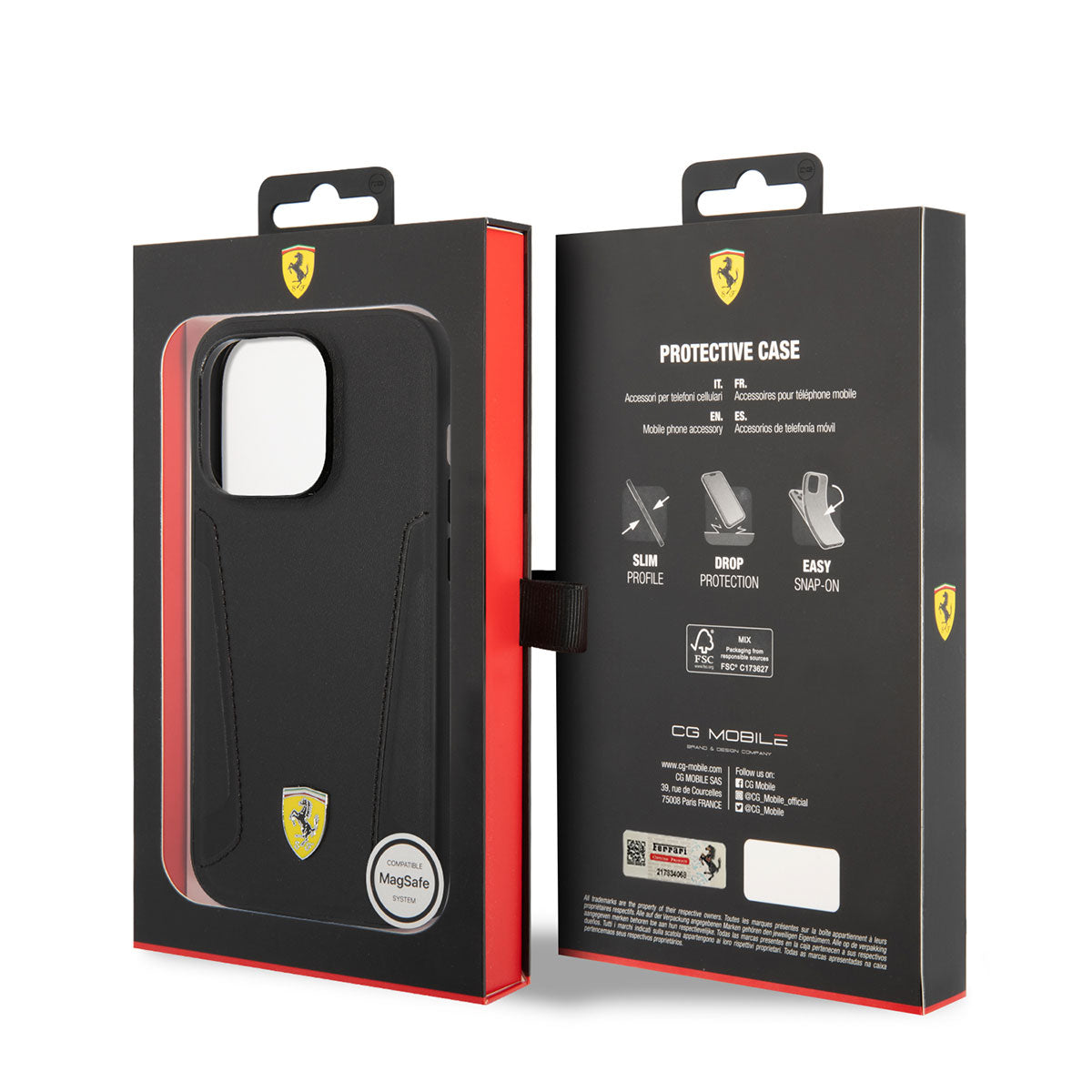 Apple iPhone 14 Pro Kılıf Ferrari M-safe Şarj Özellikli Deri Kenarları Damgalı Dizayn Kapak