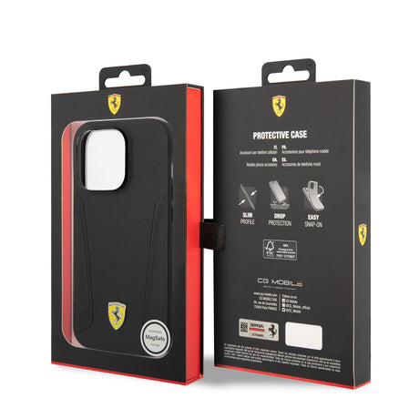 Apple iPhone 14 Pro Kılıf Ferrari M-safe Şarj Özellikli Deri Kenarları Damgalı Dizayn Kapak