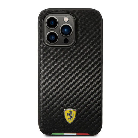 Apple iPhone 14 Pro Kılıf Ferrari M-safe Şarj Özellikli Karbon İtalyan Bayrak Dizayn Kapak