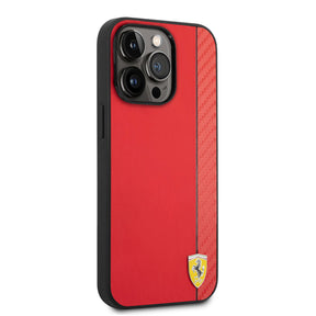 Apple iPhone 14 Pro Kılıf Ferrari M-safe Şarj Özellikli PU Deri Karbon Şeritli Dizayn Kapak