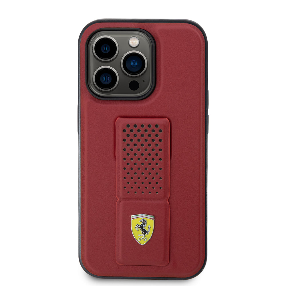 Apple iPhone 14 Pro Kılıf Ferrari Orjinal Lisanlı Klasik Metal Logolu Delikli Standlı Deri Kapak