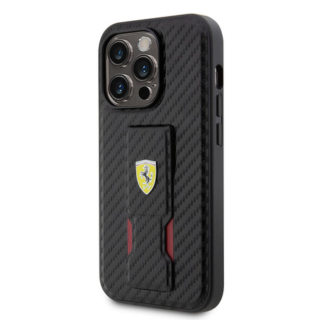 Apple iPhone 14 Pro Kılıf Ferrari Orjinal Lisanlı Klasik Metal Logolu Delikli Standlı Karbon Kapak