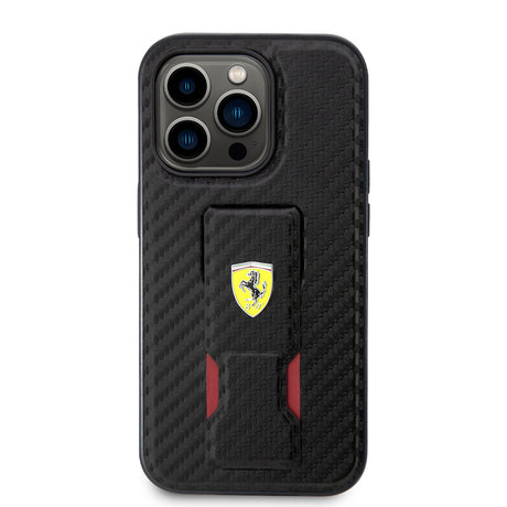 Apple iPhone 14 Pro Kılıf Ferrari Orjinal Lisanlı Klasik Metal Logolu Delikli Standlı Karbon Kapak